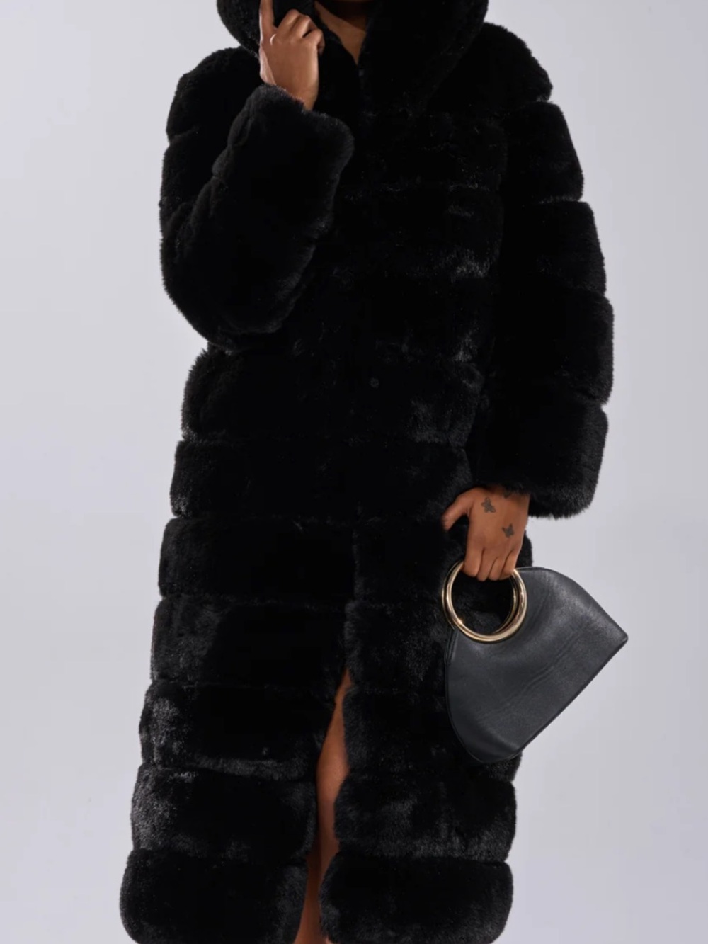 AKIRA Black Faux Fur Hooded Long Pea Coat